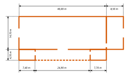 Plan d'un bâtiment avec ses dimensions au sol.