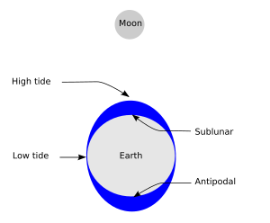 Simplified schematic of only the lunar portion of Earth's tides, showing (exaggerated) high tides at the sublunar point and its antipode for the hypothetical case of an ocean of constant depth without land, and on the assumption that Earth is not rotating; otherwise there is a lag angle. Solar tides not shown. Tide overview.svg