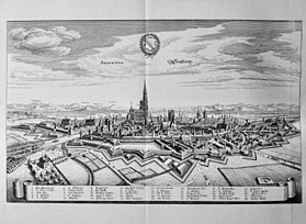 Représentation de Strasbourg datant de 1663, extrait du Topographia Alsatiae. Le lange Bruck se situe à gauche au fond de l'image.