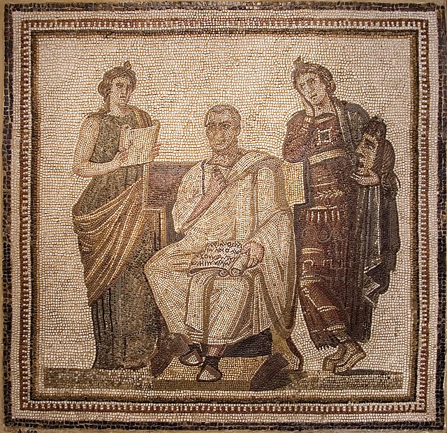 Image d'une peinture montrant Virgile, entouré de Clio et Melpomène, tient un volumen où l'on peut lire le huitième vers de l'Énéide.