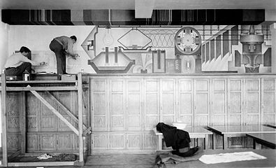 Eric Mose at work on his fresco, Power (1936), in the library of Samuel Gompers Industrial High School for Boys in the Bronx, New York