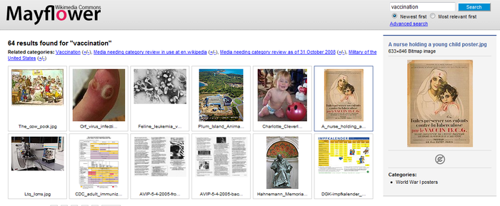 Search results for "vaccination" returned by the Mayflower search engine, arranged in rows of six thumbnail images. One image is shown magnified at the far right, the result of hovering the mouse over its thumbnail.