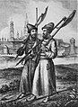 Buchillustration von russischen Strelizen mit Muskete, Säbel und Bardyschen um 1674, Alexander Wassiljewitsch Wiskowatow, 1841