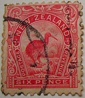 The kiwi on an 1898 New Zealand stamp 1898 kiwi 6d red.JPG