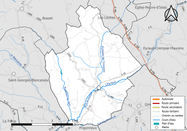 Carte en couleur présentant le réseau hydrographique de la commune