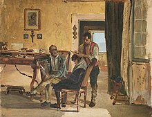 Gemälde mit einem jungen Herren auf einem Stuhl der vom Barbier mit einem Rasiermesser die Haare geschoren bekommt. Daneben sitzt ein älterer Herr in einem Sessel und beobachtet die Szene.