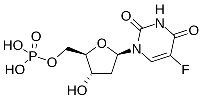 Structural diagram of 5-fluorodeoxyuridine monophosphate, metabolic product formed from 5-fluorouracil and 5-fluorodeoxyuridine