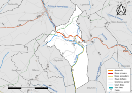 Carte en couleur présentant le réseau hydrographique de la commune