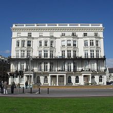 Many 19th-century buildings have stuccoed facades (Adelaide Mansions pictured). Adelaide Mansions, Kingsway, Hove (IoE Code 365557).jpg