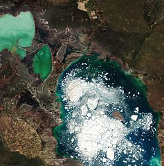 Ледени блокове в езерото Алакол в Казахстан, заснето от спътник Sentinel-2A на 5 април 2016 г.