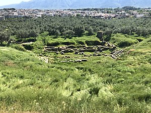 Theater of ancient Sparta, with modern Sparta and Mt. Taygetus in the background