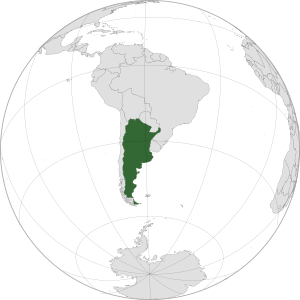 Аргентина на карте мира. Светло-зелёным отмечена Аргентинская Антарктика, на которую претендует Аргентина.