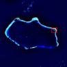 Photo satellite de l’atoll : l’île de Bikini est encadrée de rouge.