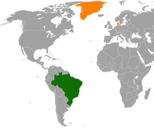 Mapa indicando localização de Brasil e do Dinamarca.