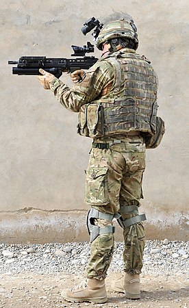 Example of the modern equipment of the British Army (back view)