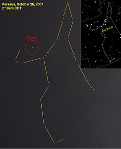 2007年10月25日にペルセウス座に現れ、彗星らしくなく恒星のように見えるホームズ彗星。
