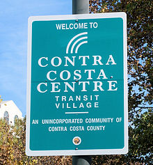 Sign at Contra Costa Centre Transit Village, an unincorporated community in Contra Costa County, California, north of the city of Walnut Creek Contra Costa Centre sign.jpg