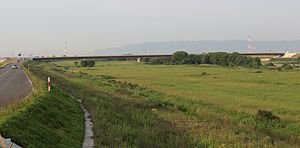 左岸上流側から望む揖斐川に架かる大安大橋（2015年5月23日）