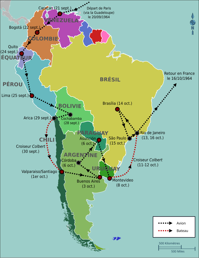 carte de l'Amérique du Sud indiquant le parcours de la visite de Charles de Gaulle.
