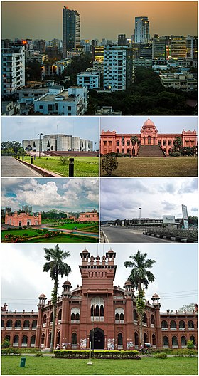 Primeira fila: Parlamento de Bangladesh Segunda fila: Ahsan Manzil, Curzon Hall, Nimtoli Deuri Terceira fila: Gulshan, Uttara Quarta fila: Banani, Motijheel Quinta fila: Porto de Dhaka