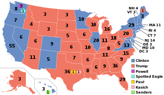 2016 Electoral College vote results. Five individuals besides Trump and Clinton received electoral votes from faithless electors. ElectoralCollege2016.svg