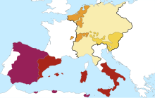 Habsburg dominions personally united with Holy Roman Empire at Charles V. Empire-Roman-Emperor-Charles-V 02.svg