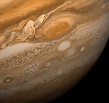 A wide view of Jupiter and the Great Red Spot as seen from Voyager 1 in 1979. Great Red Spot From Voyager 1.jpg