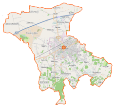 Mapa konturowa gminy Grodzisk Mazowiecki, u góry nieco na prawo znajduje się punkt z opisem „Żuków”