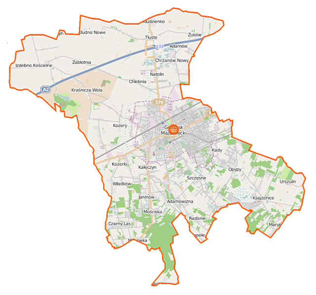 Mapa konturowa gminy Grodzisk Mazowiecki, w centrum znajduje się punkt z opisem „Grodzisk Mazowiecki”