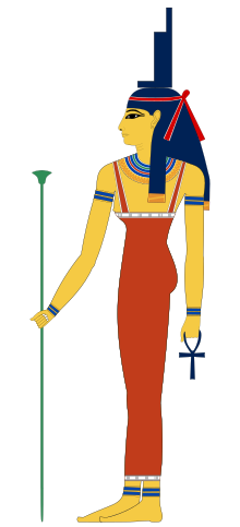 Profile of a woman in ancient Egyptian clothing. She has yellow skin and wears a headdress shaped like a tall chair.