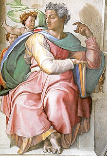 Isaiah, an important Biblical prophet, in fresco on the Sistine Chapel ceiling by Michelangelo Jesaja (Michelangelo).jpg