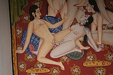 Indian Kama Sutra painting depicting group sex Karma Sutra, Kuchaman Fort.jpg