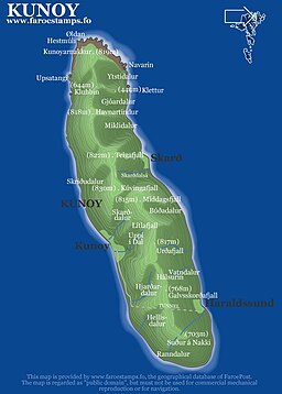Karta över Kunoy med Middagsfjall utmärkt.