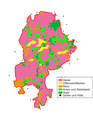 Arealfordelinga i 1801, då lyngheia var på sitt største i det som no er verneområdet (Heide= lynghei; Offensandflächen= sand og aur i dagen; Moor= myr; Acher und Weideland= åker og beitemark; Wald= skog; Dörfer und Höfe= landsbyar og gardar)