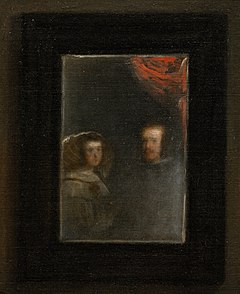 Olejomalba páru v tmavých šatech viděného v zrcadle.