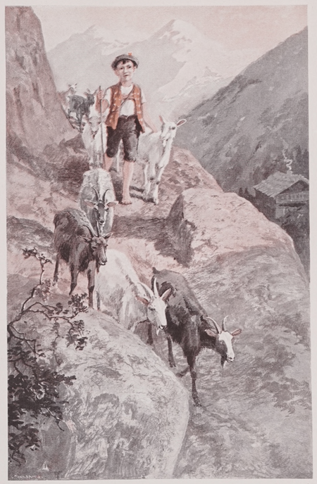 Illustration of Moni leading his herd of goats along the mountain