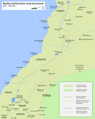 A map with Muslim-Byzantine troop movements from September 365 to just before the event of the Battle of Yarmouk