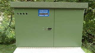 Electrical substation with the words "High voltage cabinet - Pont de l'Oulle - Risk of death".