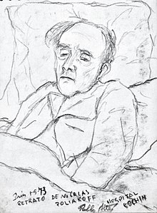 Portrait dessiné du peintre russe Nicolas Poliakoff sur son lit de l'hôpital Cochin à Paris le 1er mai 1973. Dessin original de Pablo Altés Aguilera