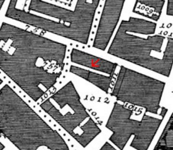 Vicolo in Publicolis (vid den röda pilen) på Giovanni Battista Nollis topografiska karta över Rom från år 1748.