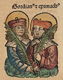 Gordianus and Epimachus depicted together in the Nuremberg Chronicle Nuremberg chronicles f 132v 4.jpg