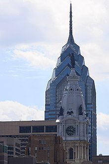 Two of Center City Philadelphia's most prominent high-rise buildings, One Liberty Place, built between 1985 and 1987 (in background), and Philadelphia City Hall, built between 1871 and 1901 (in foreground) OneLiberyPlacePhiladelphia cropped.jpg