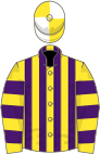 Yellow and purple stripes, hooped sleeves, yellow and white quartered cap