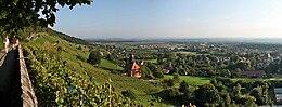 Blick über den königlichen Weinberg und die Weinbergkirche in Richtung Sächsische Schweiz