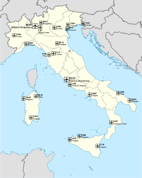 The busiest airports in Italy: the large symbols distinguish the airports with over 10 million passengers per year, the other airports have more than 700,000 passengers per year. Principali aeroporti italiani.svg