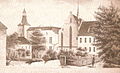 Stadtansicht von Moers mit Rathaus, Stadtkirche und Adolfinum um 1850