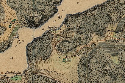 Rostock tavern in Sätra beside Lake Mälaren to the southwest of Stockholm, 1817 map