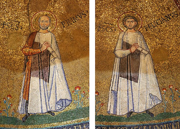 De heliga Primus och Felicianus på absidmosaiken i Cappella dei Santi Primo e Feliciano i Santo Stefano Rotondo.