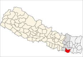 Saptari District i Sagarmatha Zone (grå) i Eastern Development Region (grå + lysegrå)