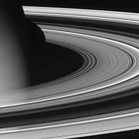 Cassini spacecraft: October 27, 2004; Backlit rings in detail.  The thick B ring appears darkest from this side.